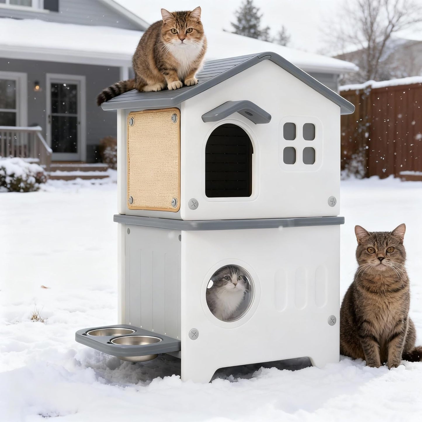 Weatherproof Outdoor Cat House Insulated for Feral Multi Cat, 2 Storey Plastic Elevated Cat Shelter with Escape Door, Scratching Post, Stainless Steel Bowl, Grey 35" D x 15" W x 20" H