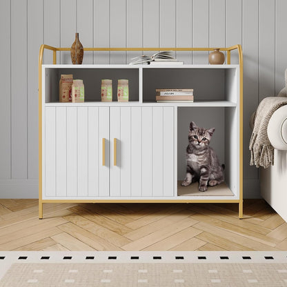 Modern Cat Litter Box Enclosure Side Table with Metal Frame, Hidden Litter Cabinet & Dual Storage Shelves, Indoor Cat House Furniture for Living Room & Bedroom, White