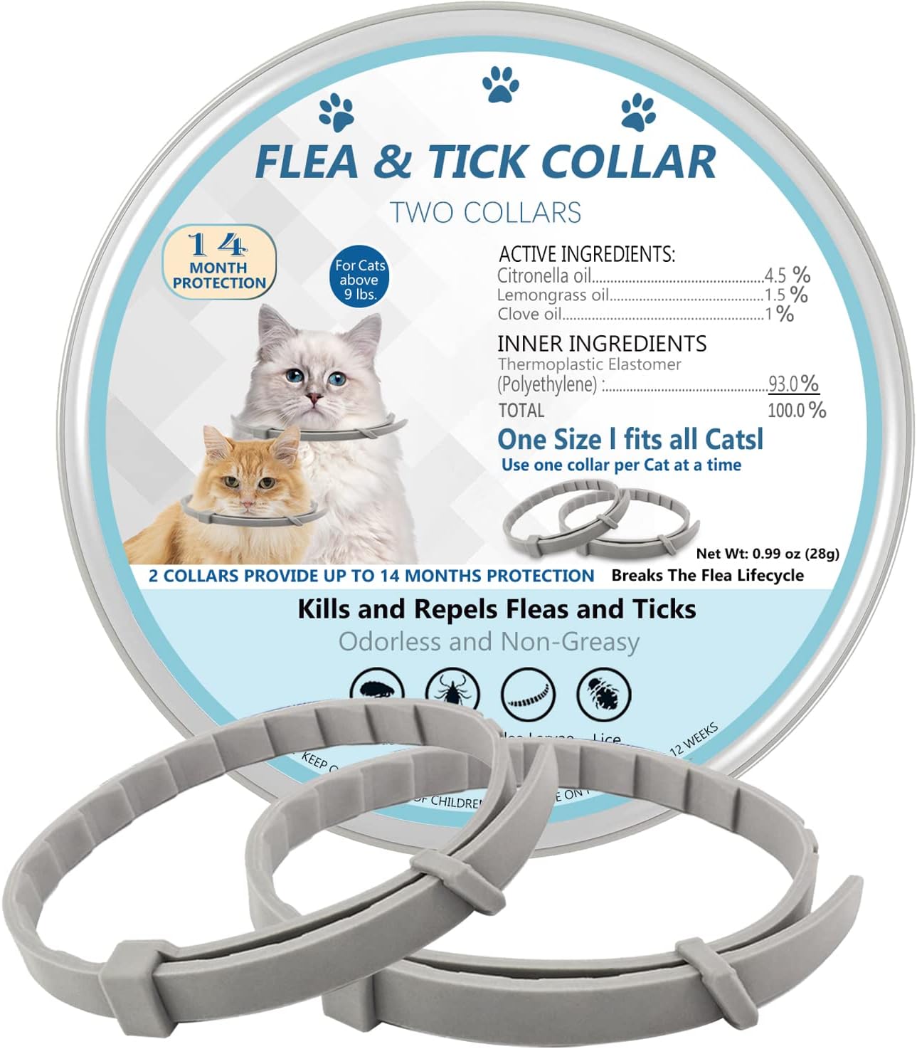 Flea and Tick Collar for Cats, 2 Pack Flea Collar for Cats, Offers 12 Months Protection, Waterproof, Adjustable, One Size Fits All Cat