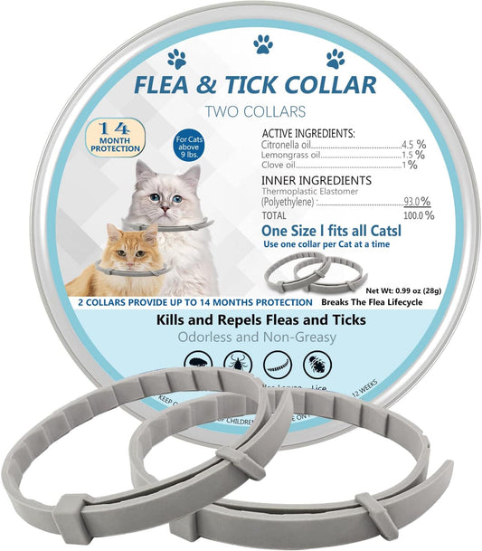 Flea and Tick Collar for Cats, 2 Pack Flea Collar for Cats, Offers 12 Months Protection, Waterproof, Adjustable, One Size Fits All Cat
