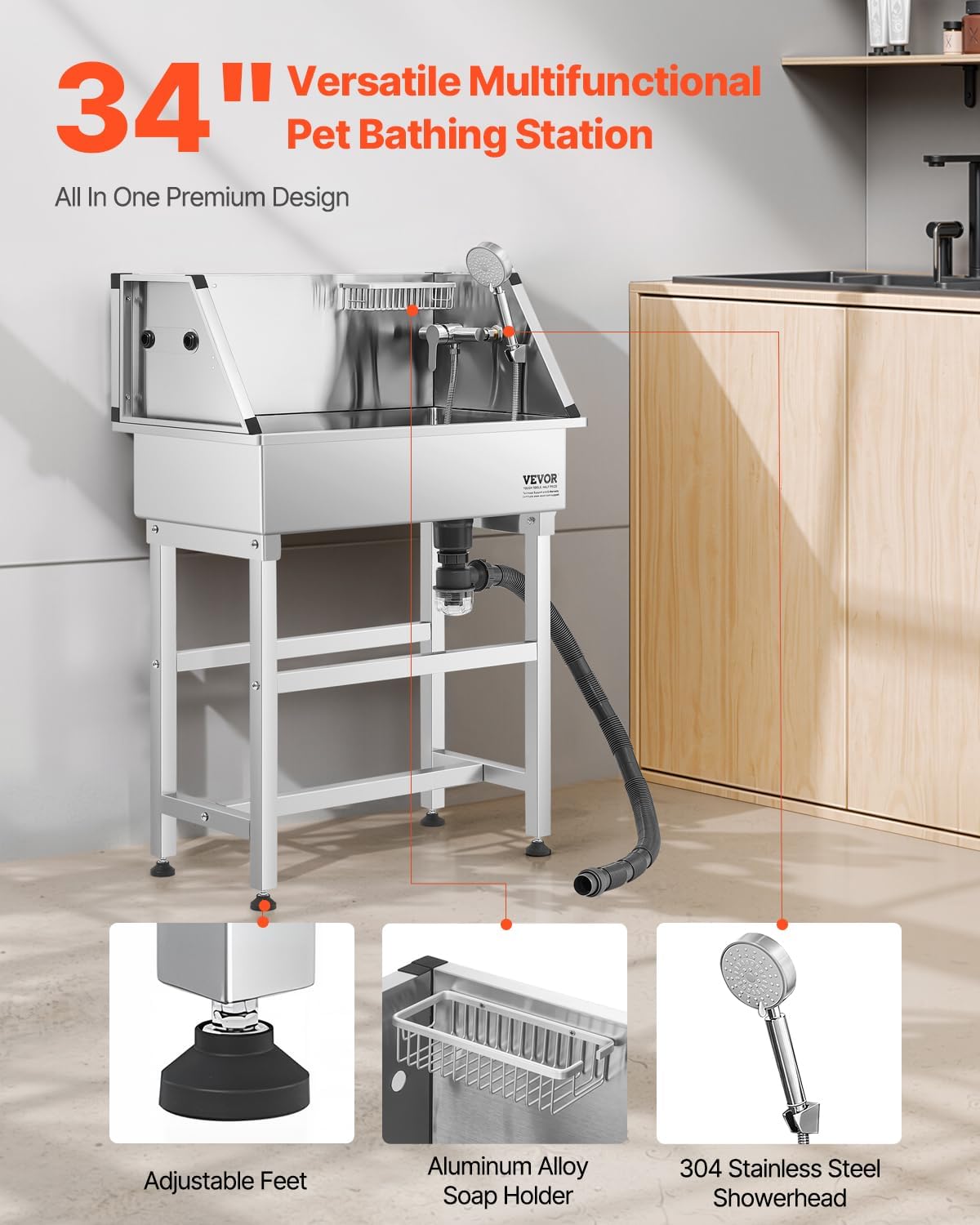 VEVOR Professional Dog Washing Station, 34 Inch Stainless Steel Pet Grooming Tub with Hot & Cold Faucet, Showerhead, Storage Rack, No-Bend All-in-One Bathtub, Home Wash Sink, Fits Small Cats and Dogs