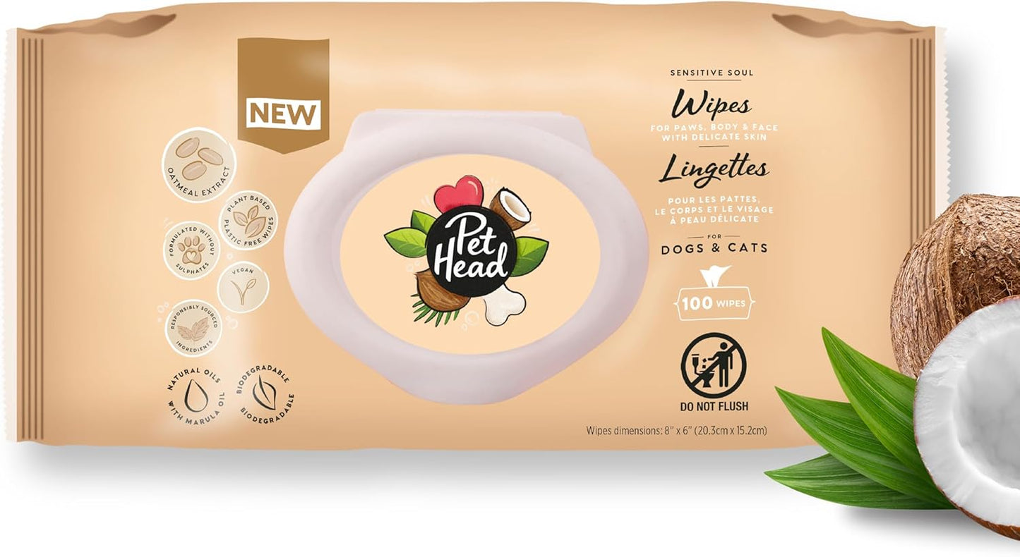 Pet Head Sensitive Soul Dog & Cat Wipes for Paws, Body & Face | Coconut Scent with Aloe Vera | Biodegradable, Plant-Based and Plastic-Free Wipes | an Easy & Speedy Freshen-Up | Made in USA | 100 Pack