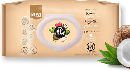 Pet Head Sensitive Soul Dog & Cat Wipes for Paws, Body & Face | Coconut Scent with Aloe Vera | Biodegradable, Plant-Based and Plastic-Free Wipes | an Easy & Speedy Freshen-Up | Made in USA | 100 Pack