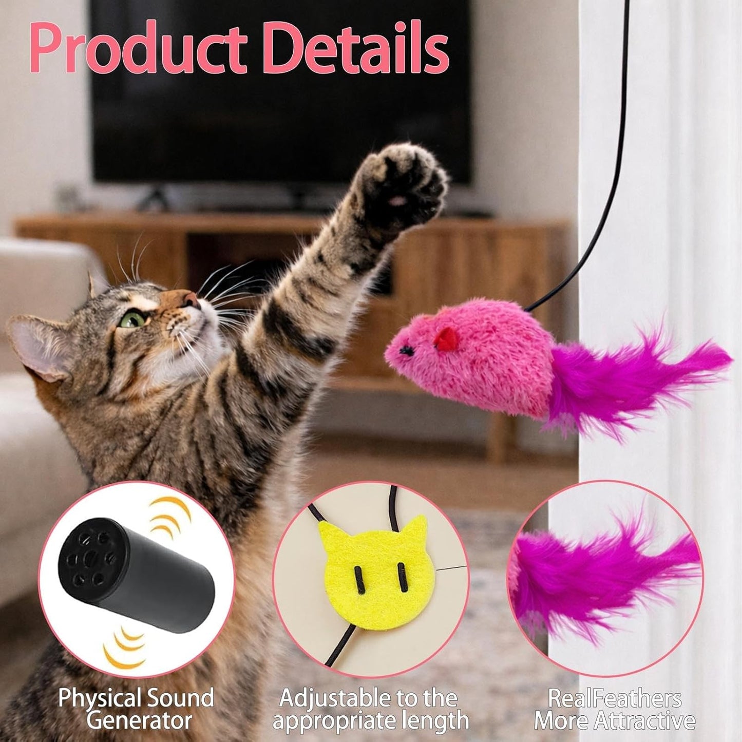 3 Pack Interactive Cat Toys with Catnip and Feather, Fun String Mouse & Bird Toy for Playful Cats, Engaging Cat Toy for Active Pets