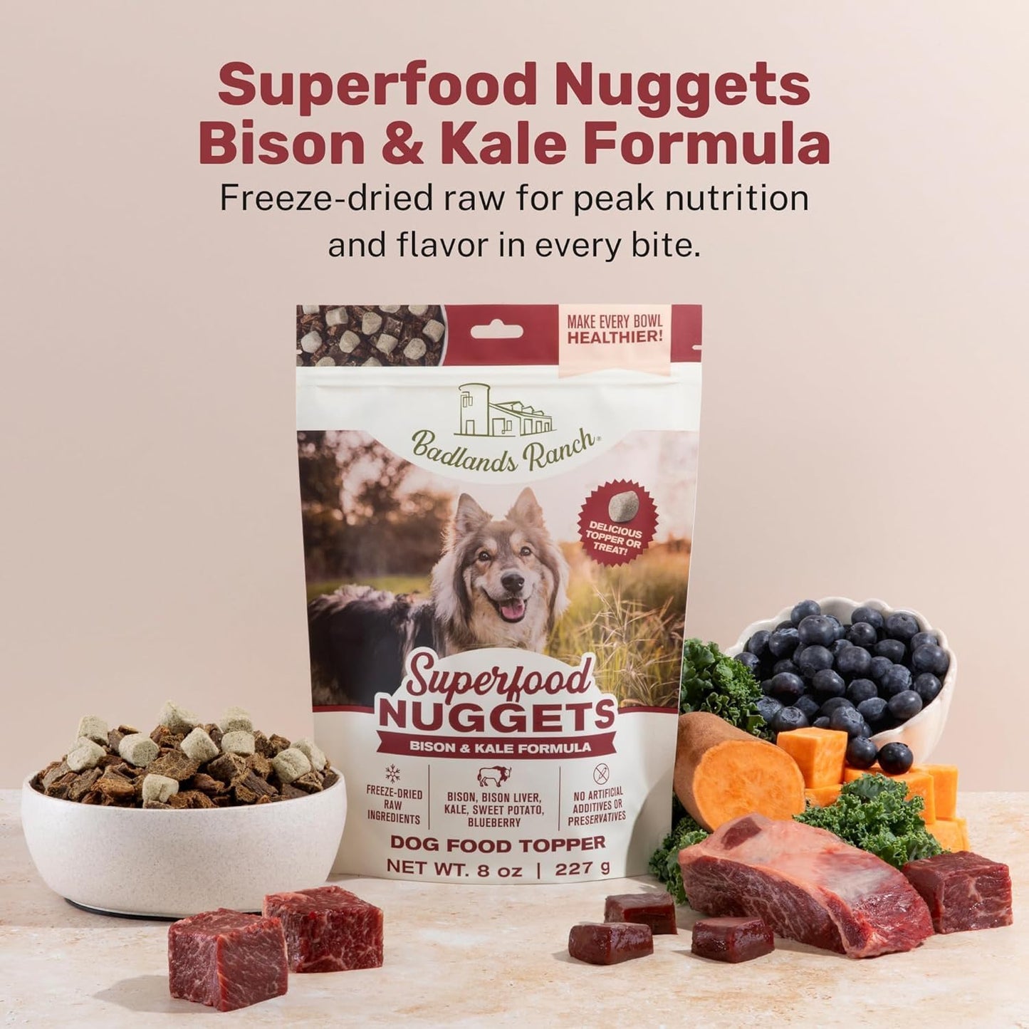 BADLANDS RANCH Superfood Nuggets – Freeze-Dried Raw Dog Treat & Food Topper, Nutrient-Dense Bison & Kale Formula, High Protein, No Artificial Additives, 8oz Bag