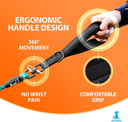 SparklyPets Double Dog Leash for 2 Dogs – Rope Bungee Dual Leash for Medium and Large Breeds with Padded Handles & Tangle Free (Teal, Medium/Large)