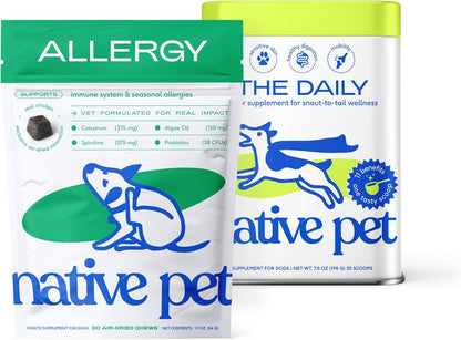 Native Pet Allergy Chews for Dogs (30 Air-Dried Chews) & Daily Dog Vitamins & Supplements (7 Oz.) - Itching Relief for Dogs & 11-in-1 Multivitamin with 21 Supplements & Vitamins