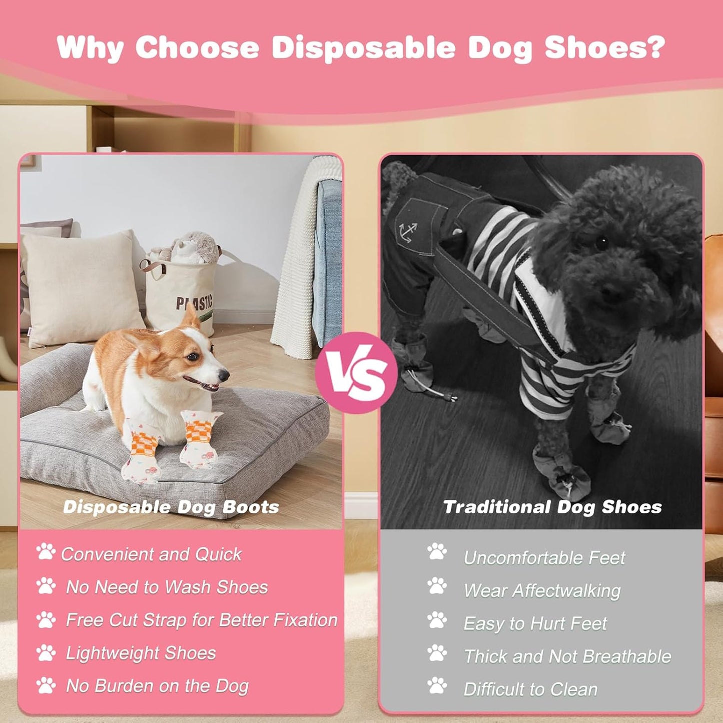 40 Pcs Disposable Dog Boots, Disposable Dustproof Dog Shoes, Breathable Disposable Pet Booties with Adjustable Self-Adhesive Bandage for Indoor and Outdoor Use Protection (Pink, L)