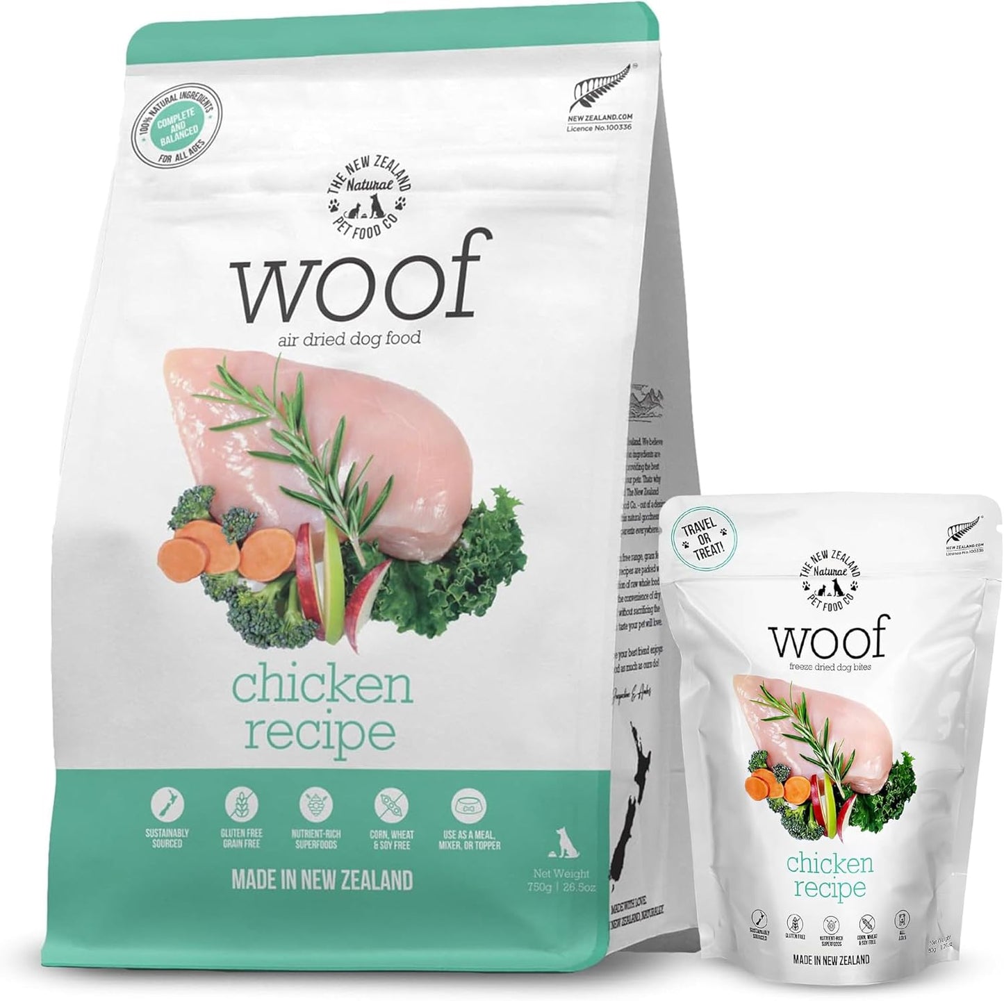 Woof Dog Food Bundle – Freeze Dried & Air Dried Chicken Recipe (1.76 oz Freeze Dried & 26.5 oz Air Dried), High Protein Dog Food Topper, Mixer, or Treat, All Life Stages