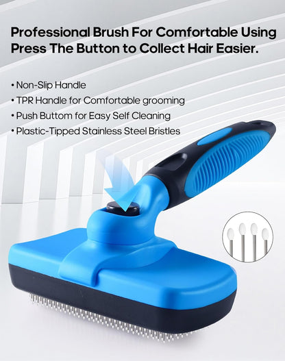 Self Cleaning Shedding Brush - Skin Friendly Grooming Tool for Dogs, Cats, and Puppies, Deshedding and Hair Removal for Long and Short Haired Pets (Blue)