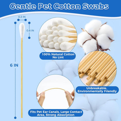 6 Inch Large Cotton Swabs for Dog Ear Cleaning - Extra Long Handle Dog Ear Swabs, Soft & Absorbent Big Cotton Tips, Perfect for Pet Care & Daily Grooming (100 Pcs)