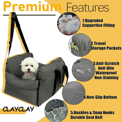 Dog Car Seat for Small Dogs - Soft Booster Seat with Safety Strap, Waterproof & Washable Pet Travel Carrier Bed, Portable Puppy Carseat with Storage for Car Travel Comfort