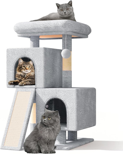 Athena Collection Small Cat Tree, Modern 34 Inch Cute Cat Tree Tower with Scratching Post 2 Condo Activity Platform and Playing Ball for Indoor, Light Grey