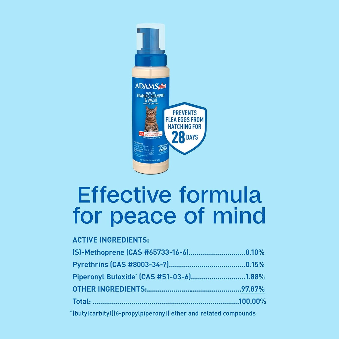 ADAMS Plus Flea & Tick Foaming Shampoo & Wash for Cats & Kittens Over 12 Weeks, Sensitive Skin Flea Treatment for Cats & Kittens, Kills Adult Fleas, Ticks and Lice On Contact, 10 Ounces