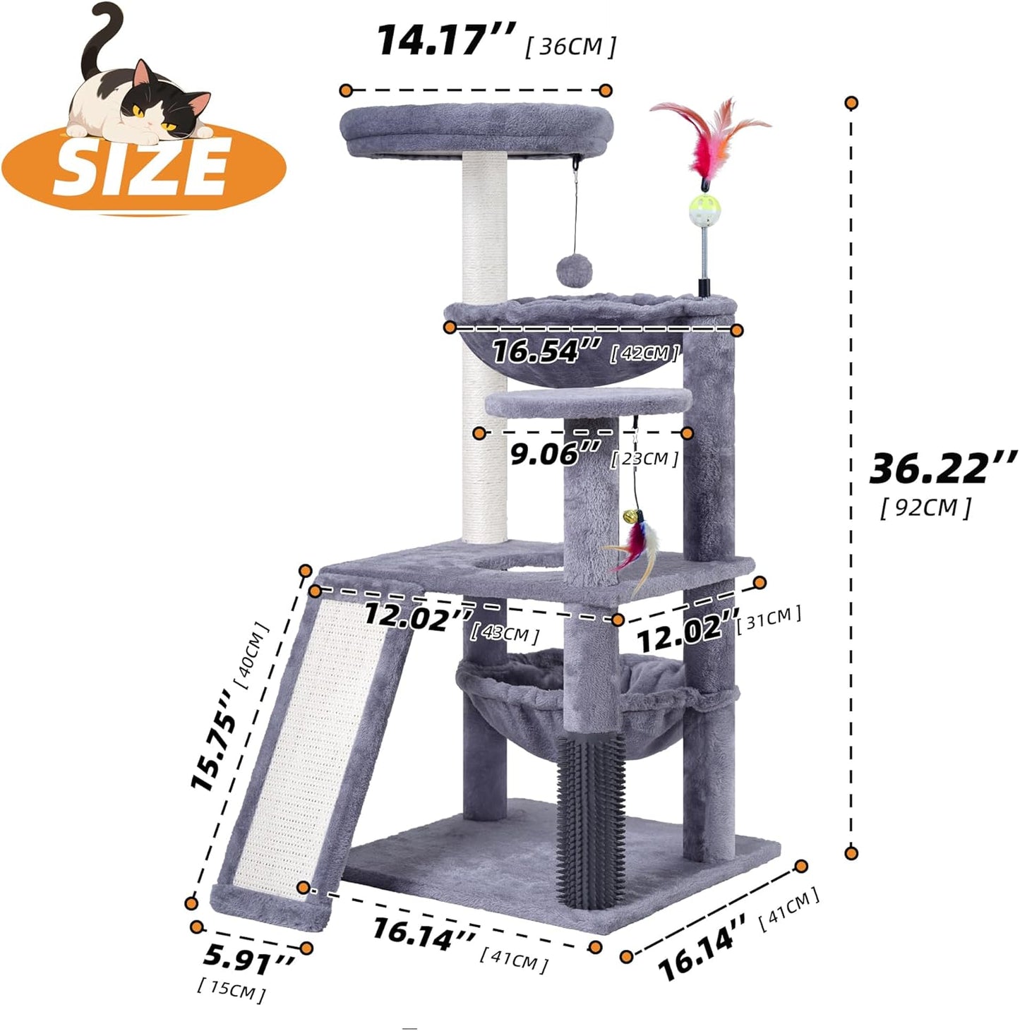 Multi-Level Cat Tree for Indoor Cats, Cat Tree Tower with Big Cat Hammock and Self-Grooming Brush, Cat Tower with Scratch Ladder, Indoor Climbing Activity Tower with Scratching Posts, Grey