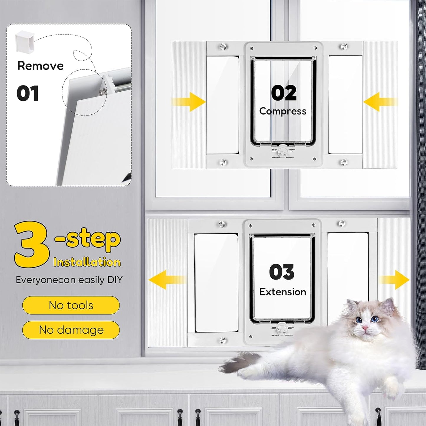 Full-Size Window Pet Door for Cats & Small Dogs, Width Adjustable Fits Sliding Windows, 10-Min Install, Aluminum Frame, HD High-Transparency Glass, Weatherproof Design, Magnetic Close