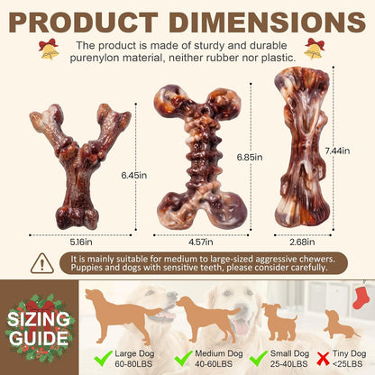 Dog Toys for Aggressive Chewers - 3 Pack Bacon Flavored Indestructible Dog Toy, Big Tough Chew Bone for Medium Large Breed 25-80lbs to Keep Them Busy, Holiday Dog Gift (Brown)