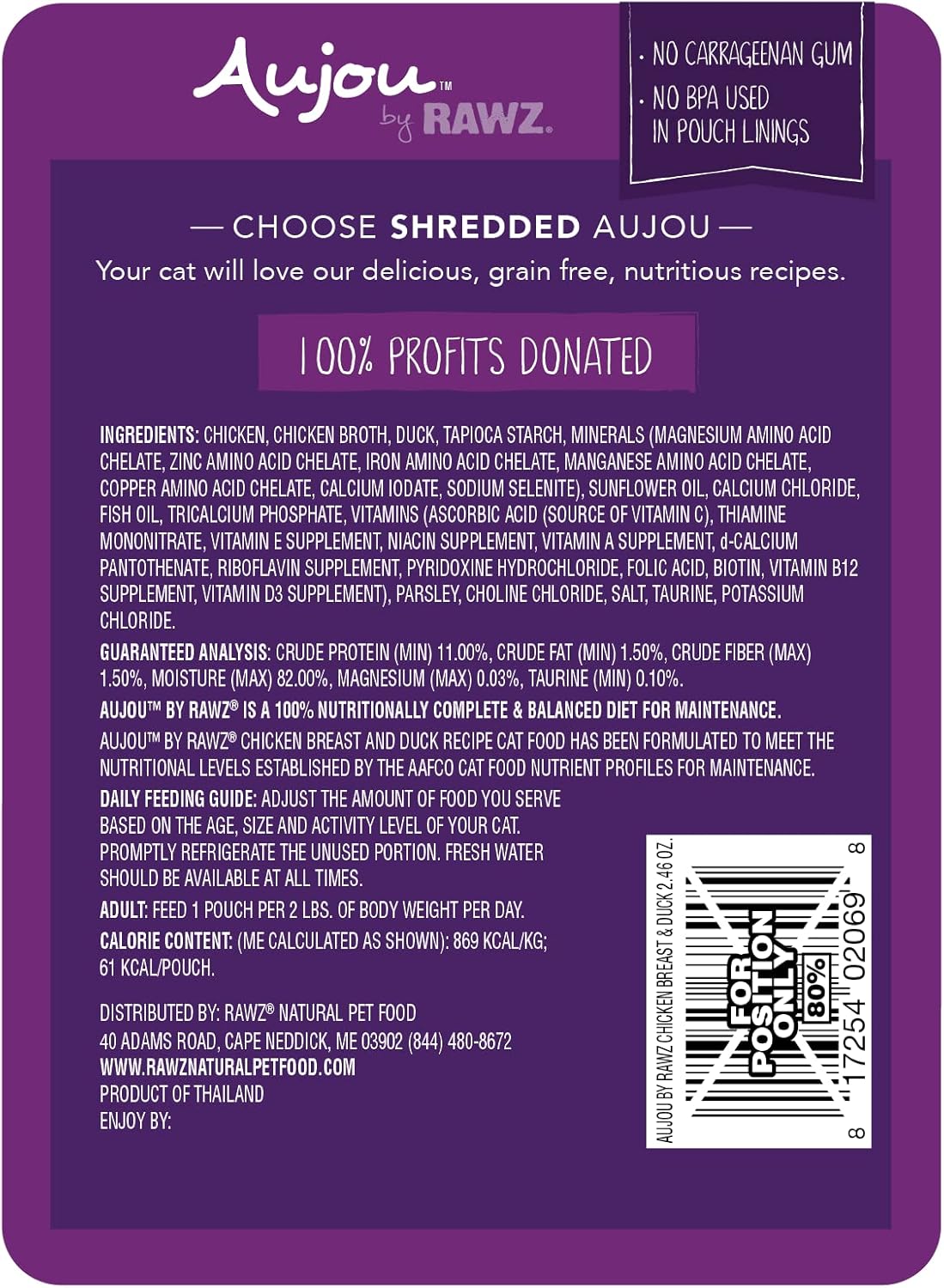 Rawz Aujou Chicken Breast & Duck Cat Food 8 Pouches 2.46 oz