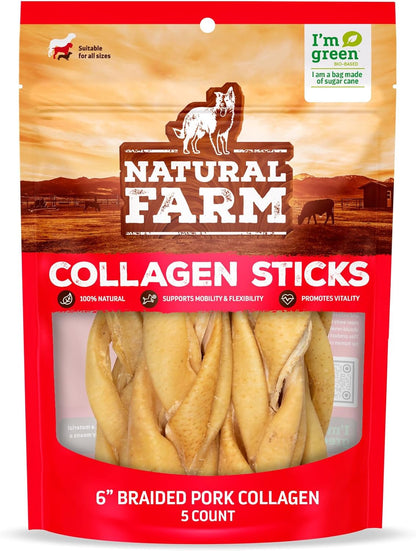 Natural Farm Braided Pork Collagen Dog Chews (5 Pack), Flavorful Braided Pork Collagen Sticks, Natural Dog Chews, Long Lasting, for Small, Medium, and Large Dogs, Odor-Free Rawhide Alternative