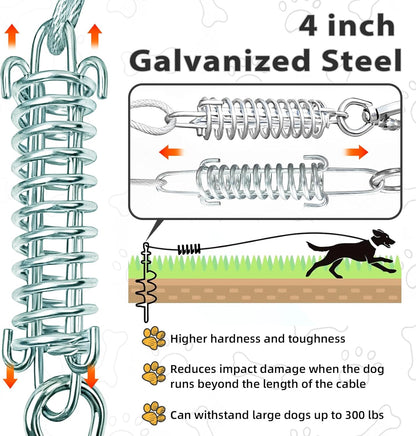 Heavy Duty Dog Tie-Out Cable and Stake for Yard Camping, with 50Ft Heavy Duty Cable with Spring, for Small Medium Large Dogs up to 200 lbs, 360°Swivel Dog Run- No Tangle, Spiral Dog Stake (Set)