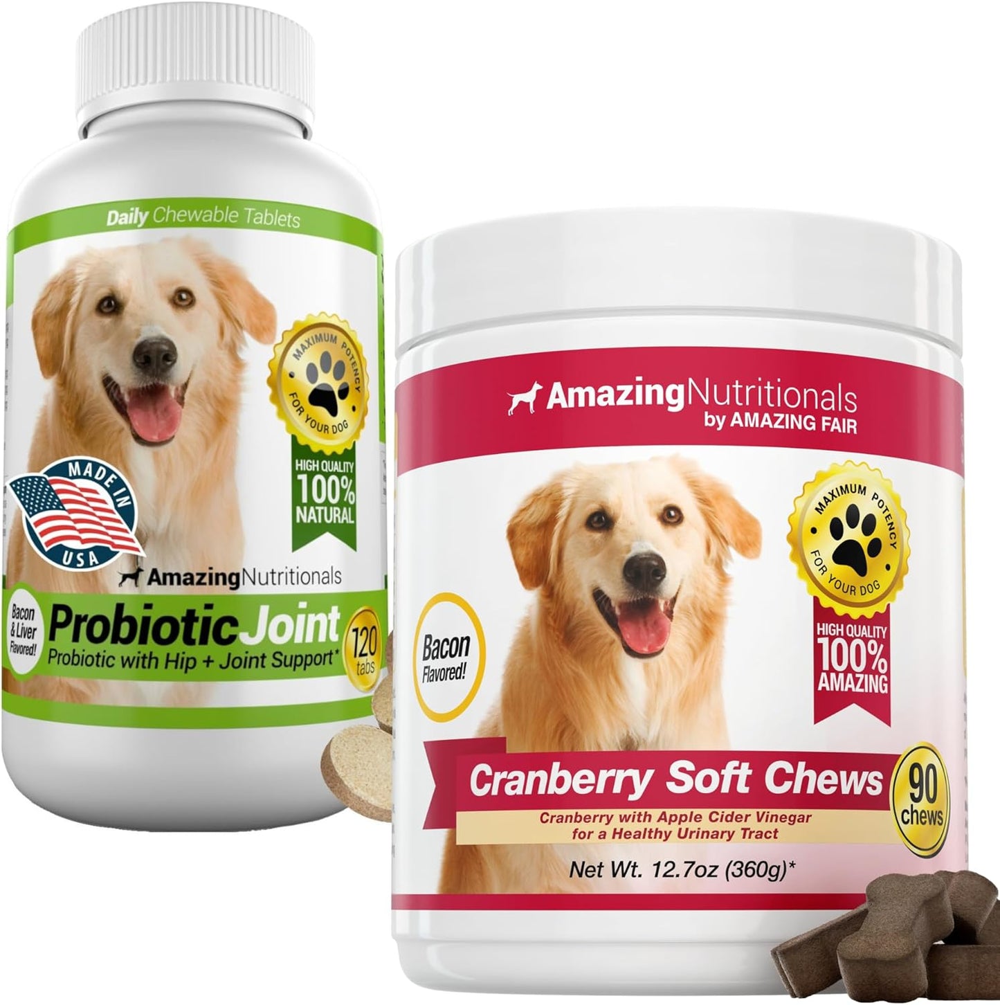 Probiotics for Dogs and Cranberry Bundle - UTI Prevention, Immune Support, Digestive Health, Incontinence, Gas and Diarrhea Elimination