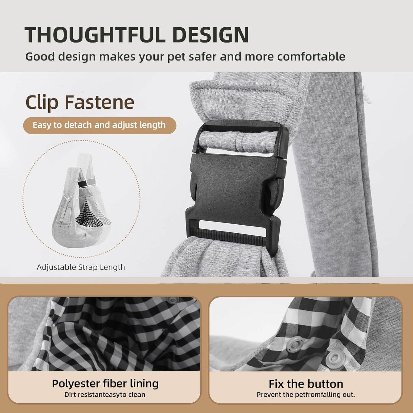 Adjustable Dog Carrier Sling - Hand-Free Dog Carriers for Small Dogs and Cats, Puppy Sling Carrier with Zipper Purse Pocket, Travel Safety Harness, Puppy Essentials (Gray)