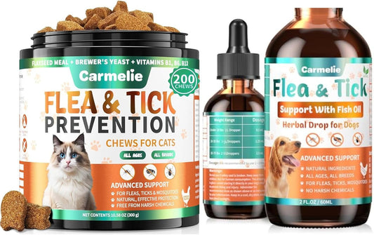 Cat Flea Chews + Dog Flea Drops Bundle – 200 Chicken-Flavored Chews for Cats + Topical Herbal Drops for Dogs – Natural Flea & Tick Prevention for Multi-Pet Homes