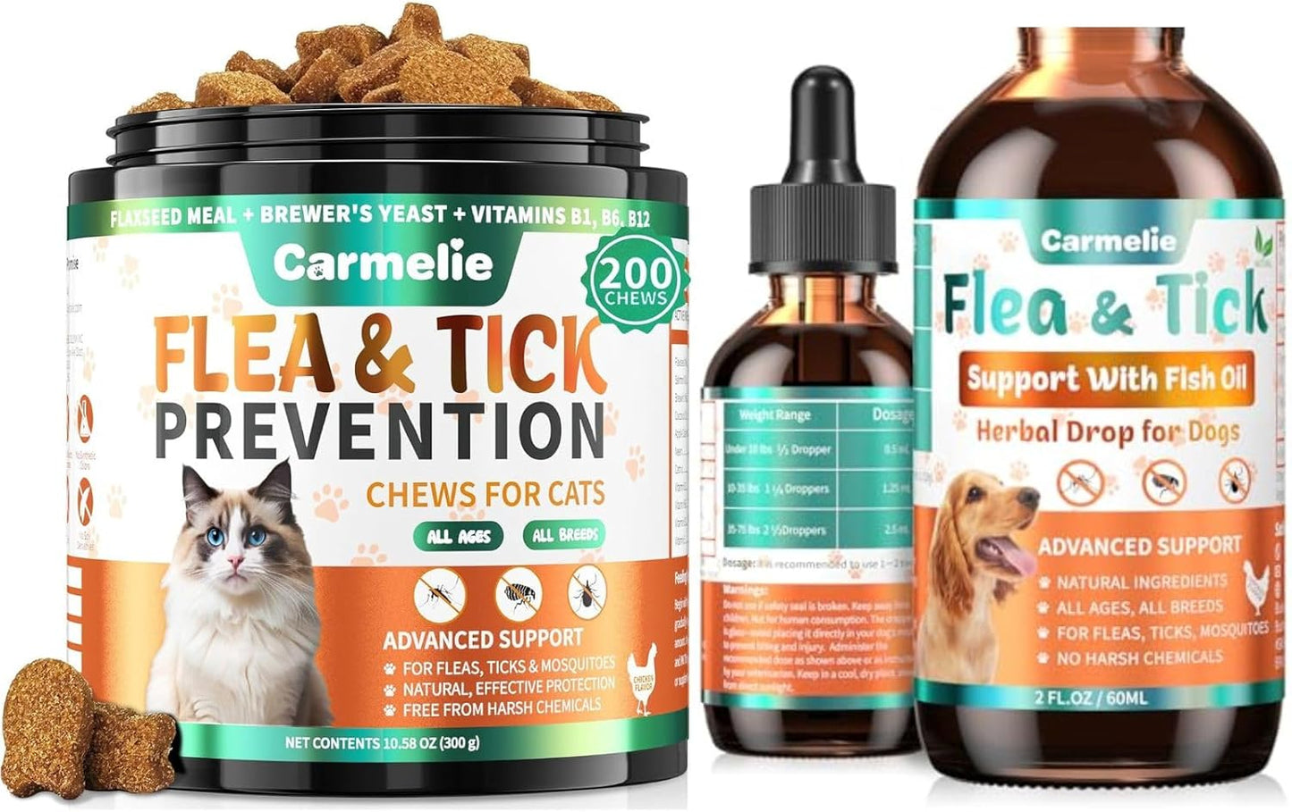 Cat Flea Chews + Dog Flea Drops Bundle – 200 Chicken-Flavored Chews for Cats + Topical Herbal Drops for Dogs – Natural Flea & Tick Prevention for Multi-Pet Homes