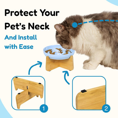 Slow Feeder Cat Bowl with Stand - Unbreakable Elevated Slow Feeder Bowl for Cats - Melamine Puzzle Raised Cat Food Bowl - Whisker Friendly & Wet & Dry Food- Dishwasher Safe & Non Slip (Blue