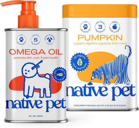 Native Pet Omega Oil for Dogs & Pumpkin for Dogs | Dog Fish Oil Supplements | All-Natural, Organic Fiber for Dogs | 8 Oz. Omega Oil & Pumpkin Powder