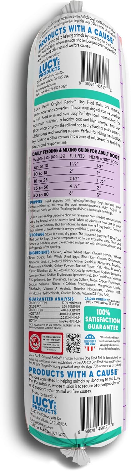 Lucy Pet Products Chicken Formula Dog Food Roll 4 lb, Meaty, Semi-Moist Dog Food (100600075)