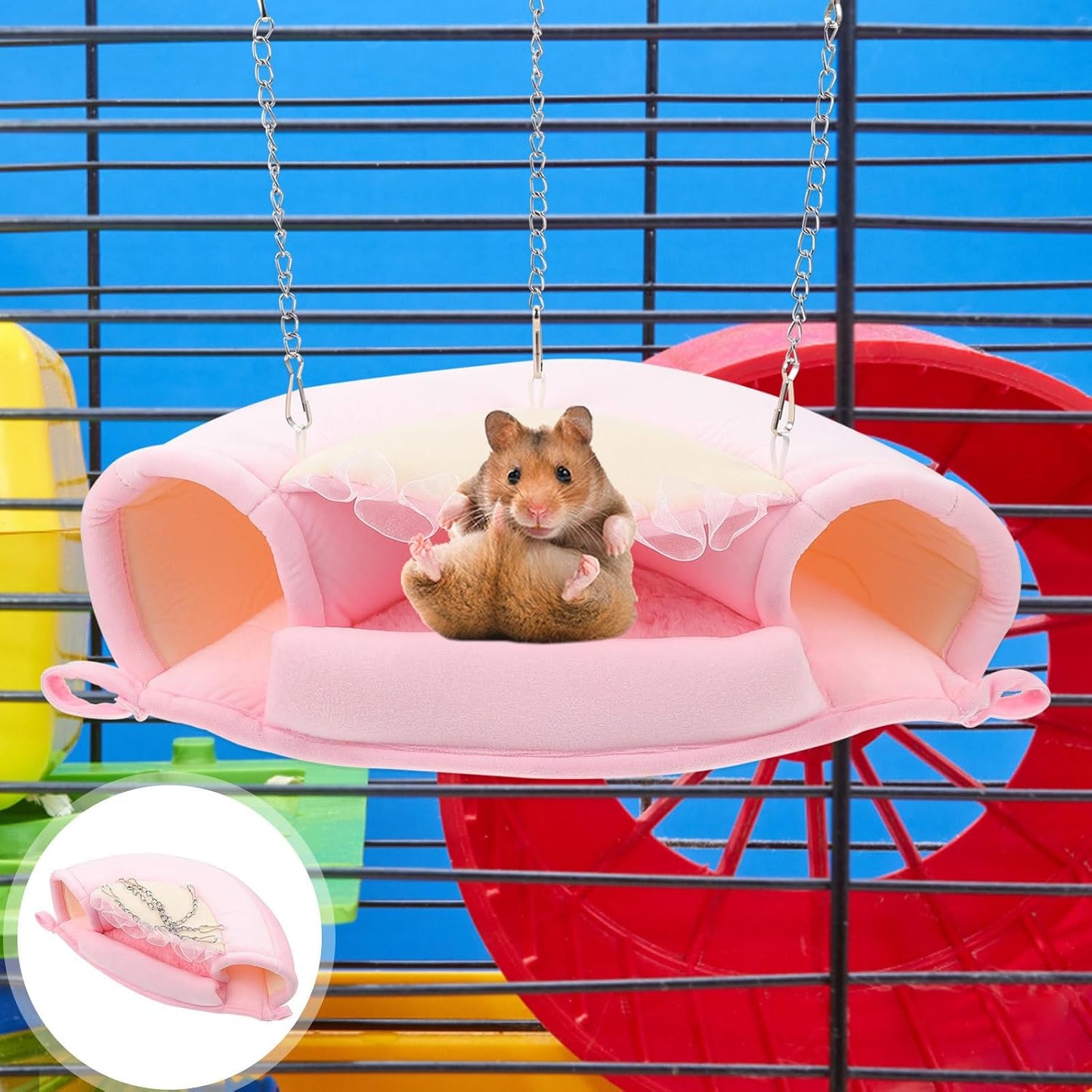 Sugar Glider Hanging Nest and Hamster Tunnel Bed, Warm Soft Hanging Hammock for Small Pets, Pink L Size, Comfortable Sleeping Hideout for Hamsters, Squirrels, and Sugar Gliders