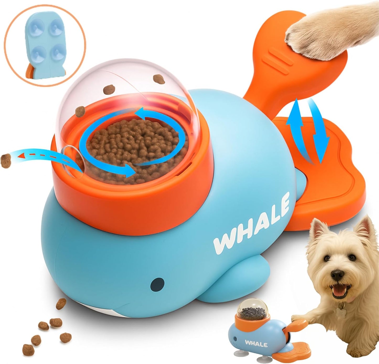 Interactive Dog Toy Treat Dispenser Whale-Shaped Slow Feeder Puzzle with Strong Suction Cups, Durable Non-Toxic Food-Grade Design for Small & Medium Dogs