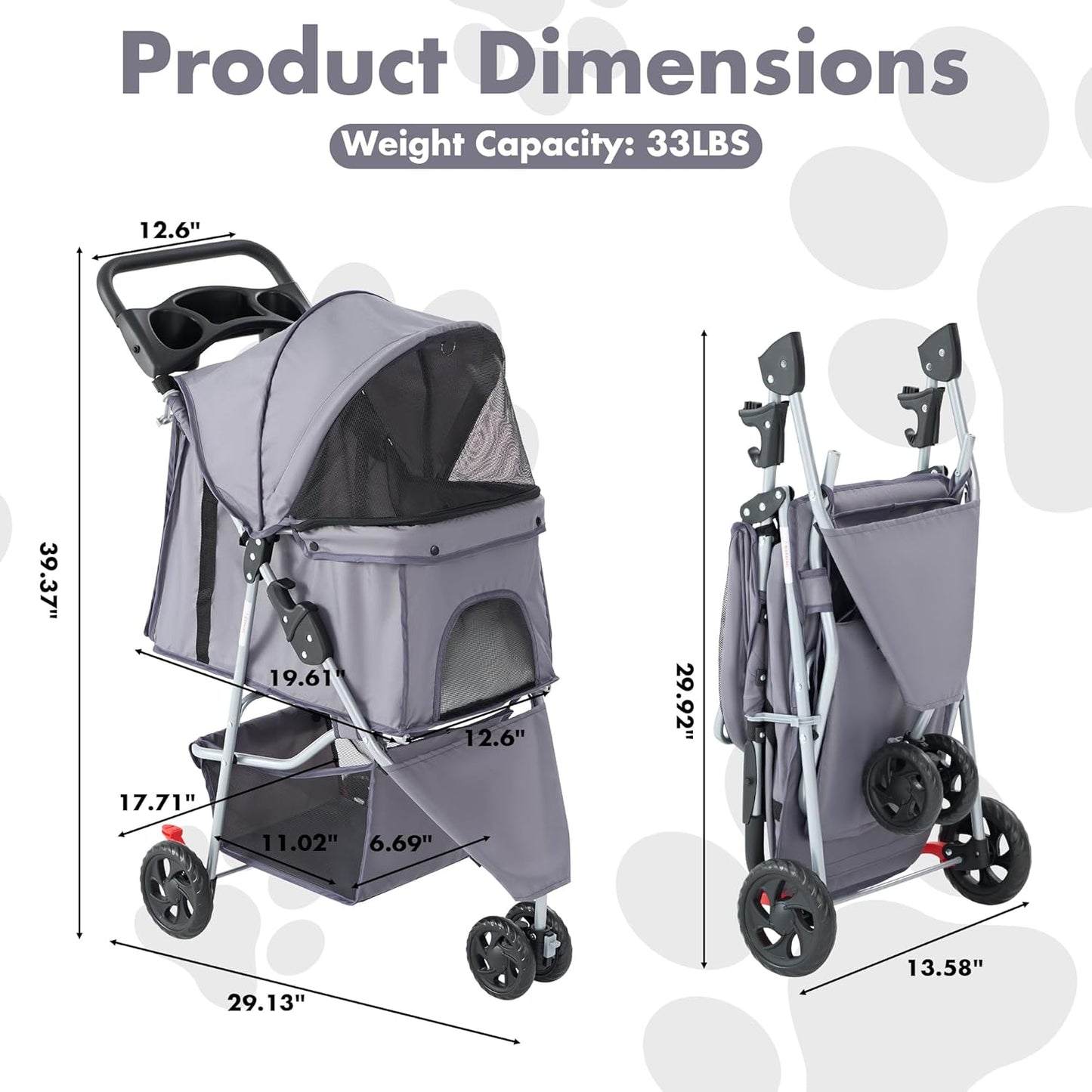 Smug 3 Wheels Pet Stroller, Dog and Cat Strollers, Storage Basket and Cup Holder, Breathable Mesh, Lightweight Travel Carrier, Waterproof and Foldable for Small Pets Outdoor Walk, Grey