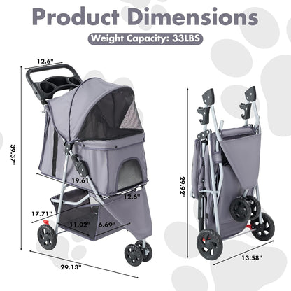 Smug 3 Wheels Pet Stroller, Dog and Cat Strollers, Storage Basket and Cup Holder, Breathable Mesh, Lightweight Travel Carrier, Waterproof and Foldable for Small Pets Outdoor Walk, Grey