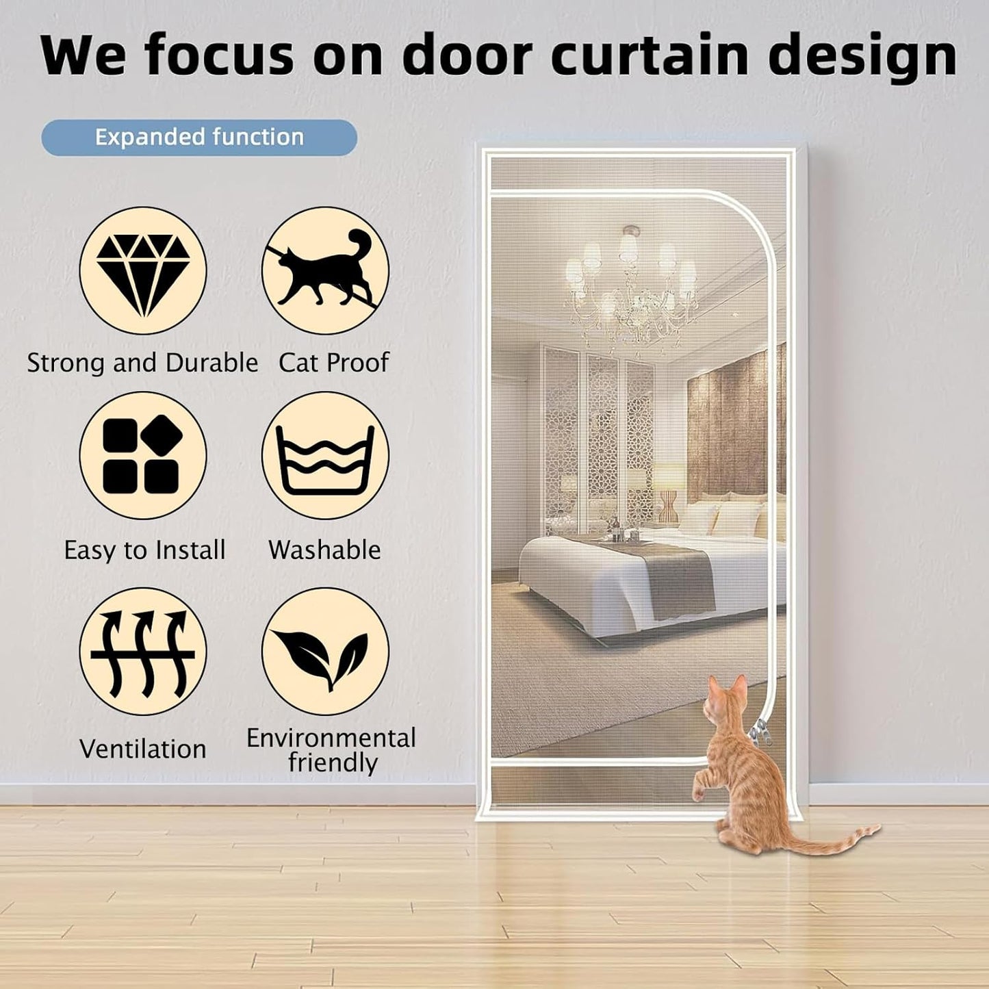 QWR Reinforced Cat Screen Door,Fits Door Opening Size 32''x 80'',Thickened Cat Proof Screen Door with Zipper Closure for Living Room,Kitchen,Bedroom.