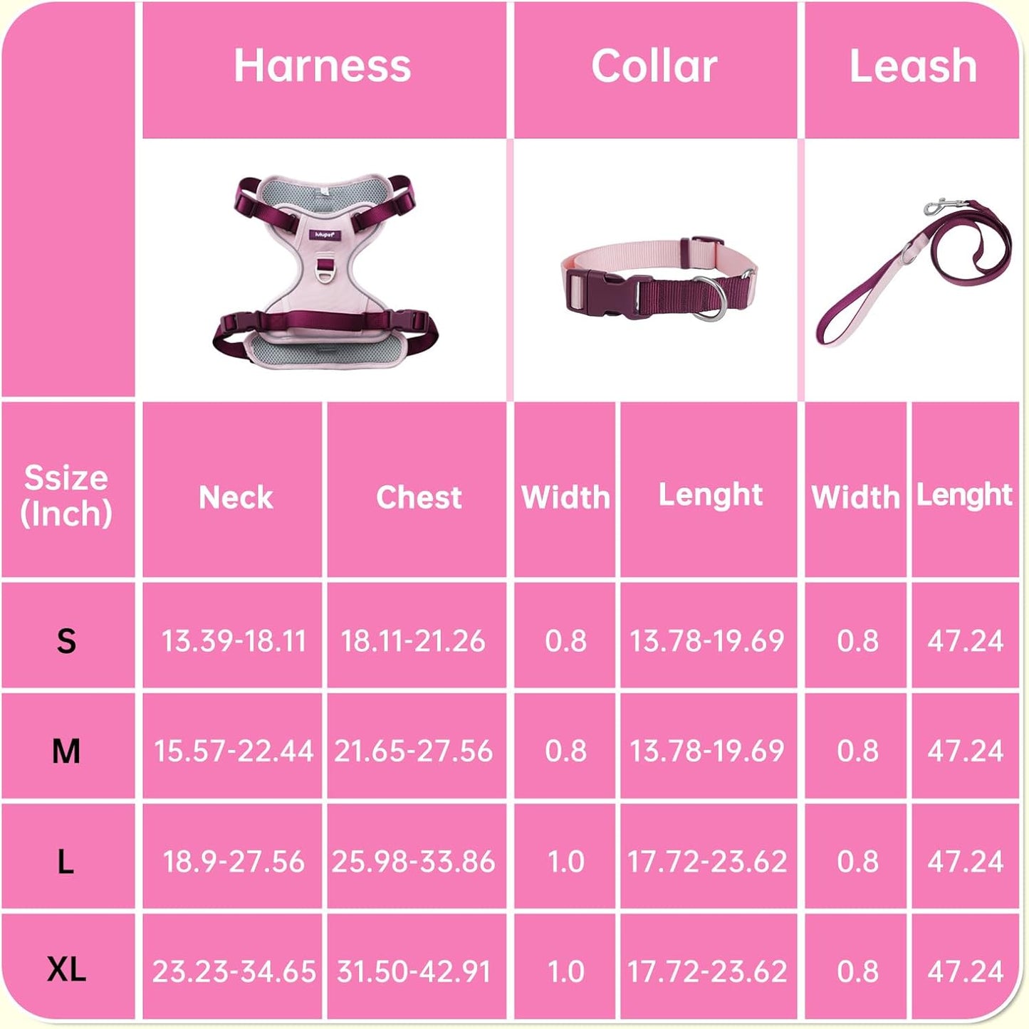 No Pull Dog Harness Leash and Collar Set, Soft Adjustable Dogs Vest Reflective and Comfortable Handle Pink Large