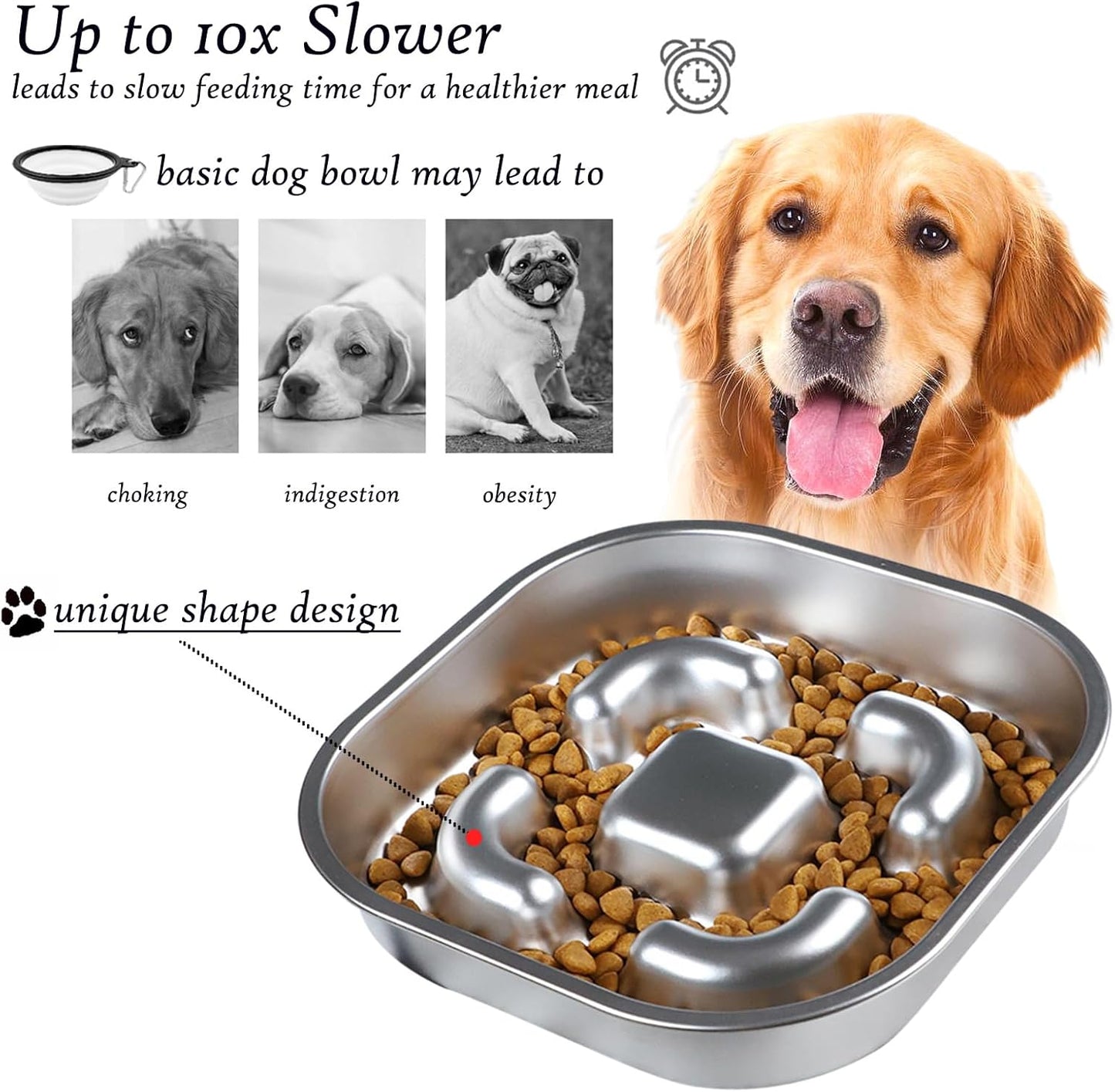 Slow Feeder Dog Bowl, 2 Cups Stainless Steel Metal Pet Food Bowls, Dog Cat Food Bowls Can Slows Down Pets Eating Suitable for Small & Medium Sized Dog