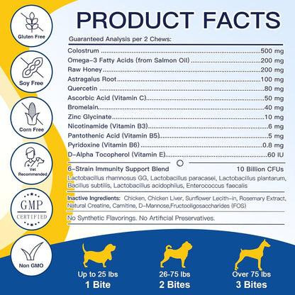 Dog Allergy Relief Chews, Itch Relief for Dogs, Colostrum, Probiotics for Dogs Support Immunity, Omega 3, Honey for Dry & Itchy Skin Relief, Seasonal Allergy, Pawlicking, Hot Spot Treatment, 120 Bites