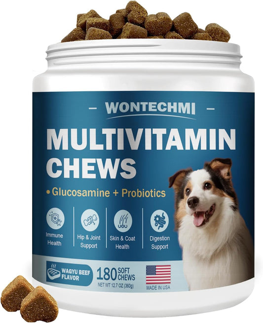 Dog Multivitamin, Glucosamine Chondroitin for Dogs, Krill Oil, Probiotics, Dog Vitamins and Supplements for Heart, Hip & Joints, Immune Health, Digestion, Skin, Coat (180 Chews, Wagyu Beef)
