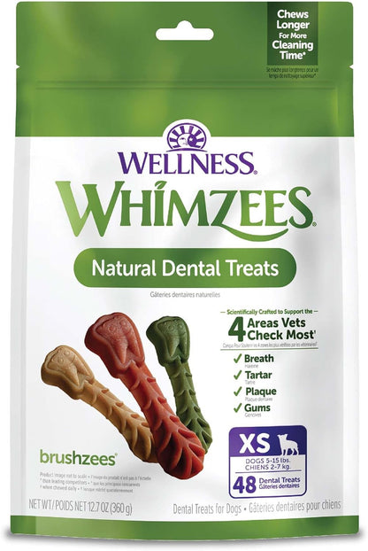 WHIMZEES Wellness Brushzees Dog Dental Treats, Natural Chews, Extra Small Size Stick, (48 Count)