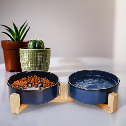 SOUJOY Ceramic Dog Cat Bowls Set with Stand, Non-Slip Elevated Small Dog Bowls, 2 Cups Slow Feeder Bowl Set, Dual Food and Water Bowls for Small Sized Dog, Puppy, Cat (6.1 in/17 oz)