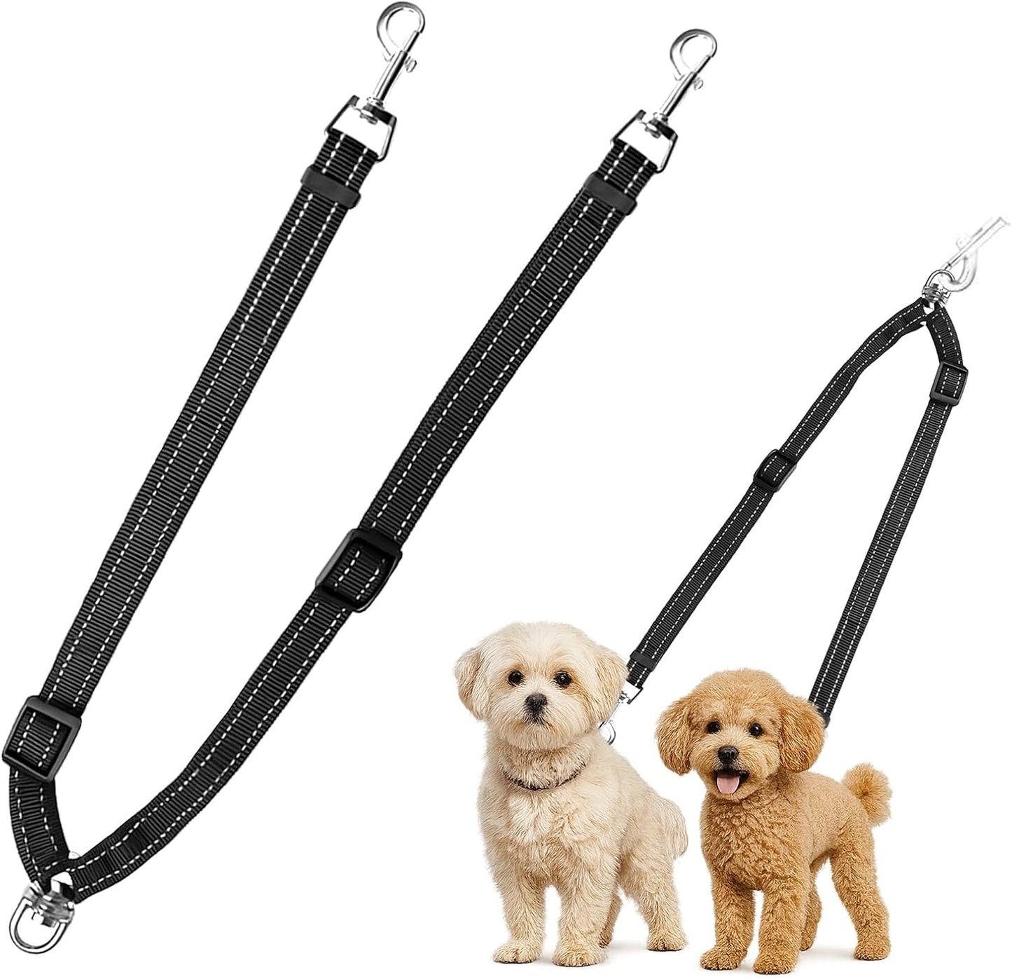 MingXpet Double Dog Leash for Two Dogs, No Pull Dog Leash, 360° Swivel No Tangle for Small Dogs Walking & Training, Shock Absorbing Reflective Bungee, Black