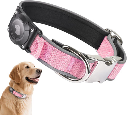 Waterproof Airtag Dog Collar - Nylon Collar with Durable Airtag Holder, Reflective&Anti-Lost with Safety Metal Buckle, Soft Padded Adjustable for Small Medium Large Dogs Pink L
