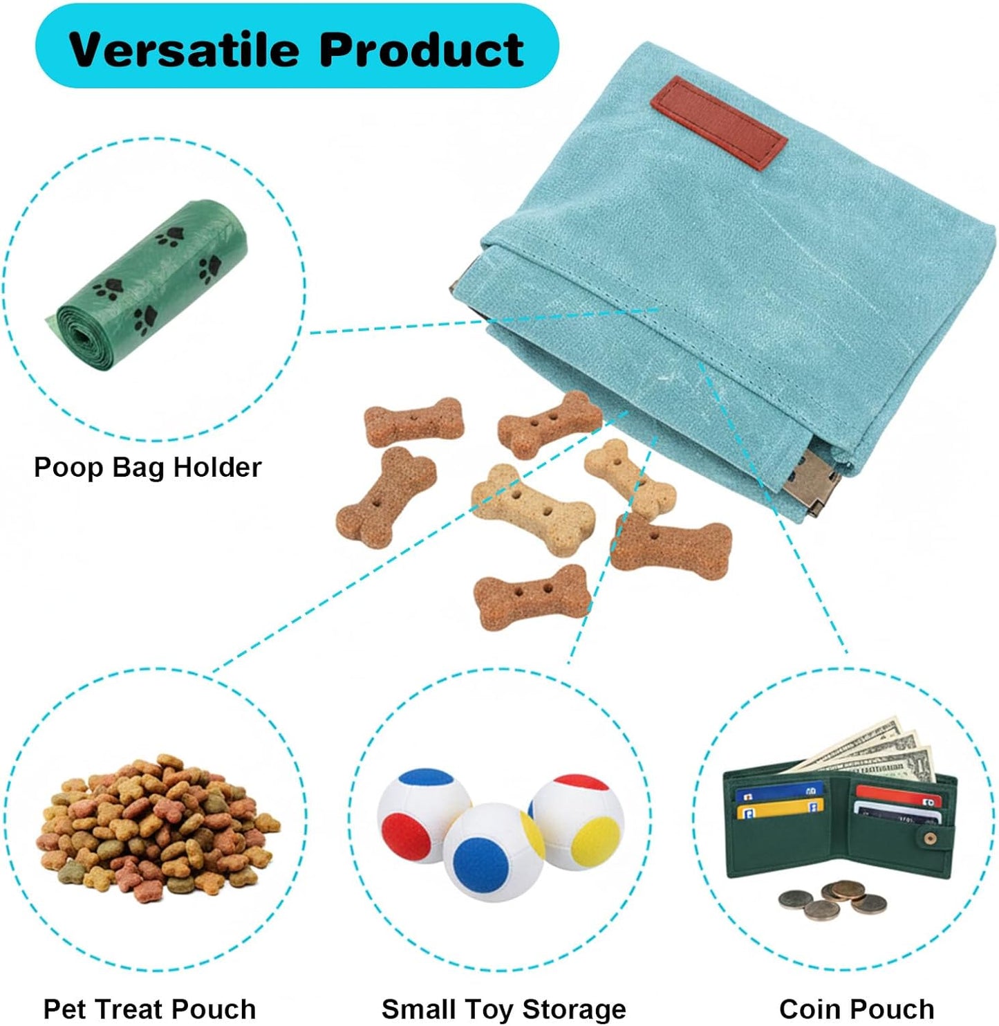 Dog Treat Pouch, Portable Puppy Blue Pocket Sized Dog Training Treat Bag, Hand Free Walking Bag, Auto Closing Pet Feed Snack Reward Pocket, Food Dispenser for Pet Puppy Travel or Outdoor Use