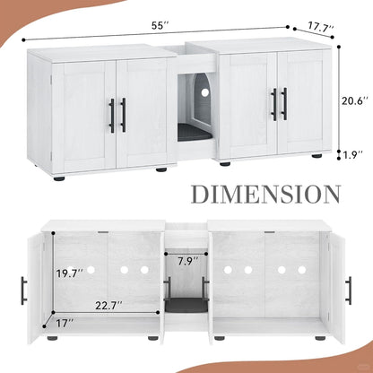 Cat Litter Box Enclosure Furniture for 2 Cats, 55" Large Hiddden Cat Litter Box Enclosure Furniture 3-IN-1 Wooden Cat Litter Cabinet with Barn Door & Double Rooms for Bedroom Living Room, White
