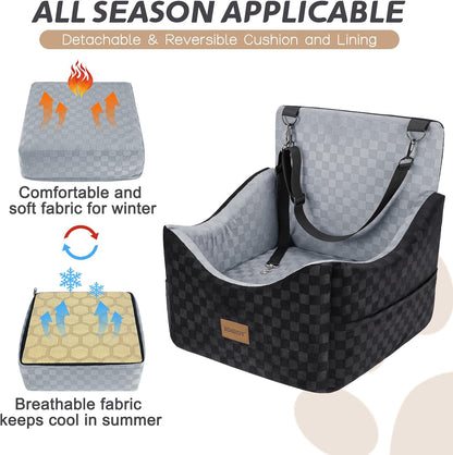 JOEJOY Elevated Dog Car Seat for Small/Medium Dogs up to 35 lbs, Memory Foam Booster Seat with Detachable Washable Cover, Travel-Safe Car Bed with Safety Belts & Storage Pockets, Grey