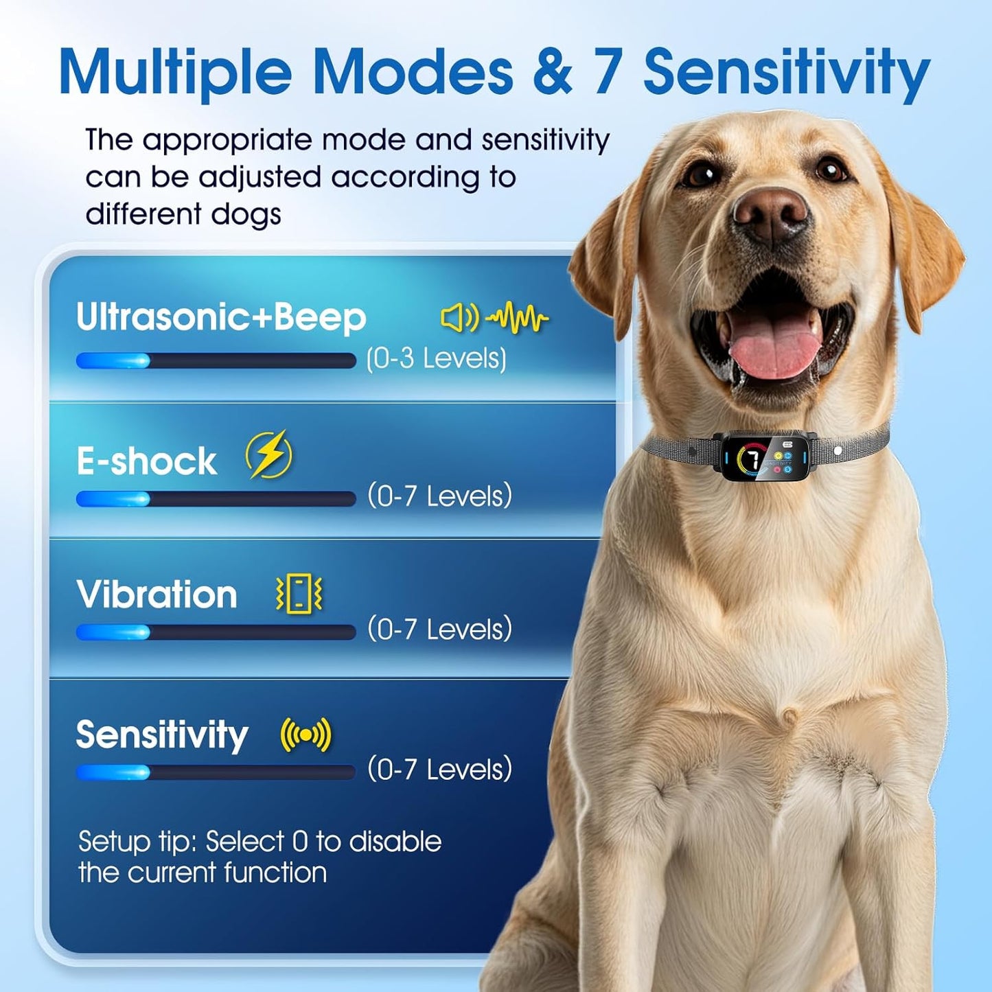 Ultrasonic Smart Bark Collar for Large Medium Small for Dogs Automatic Anti Barking Training Collar Rechargeable Bark Collar with Waterproof Vibration and Beep 7 Sensitivity Black