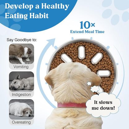 Slow Feeder Dog Bowls, 304 Stainless Steel Slow Feed Pet Bowl with Non-Slip Base for Medium Breed Dogs to Stop Bloat Prevent Choking, Dishwasher Safe, Silver