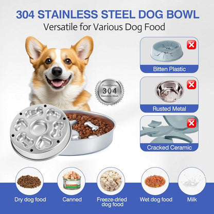 Slow Feeder Dog Bowls, Stainless Steel with Non-Slip Rubber Base Metal Bowl, 4 Cups Large Capacity Slow Feed for Small, Medium, Large Breed Dogs